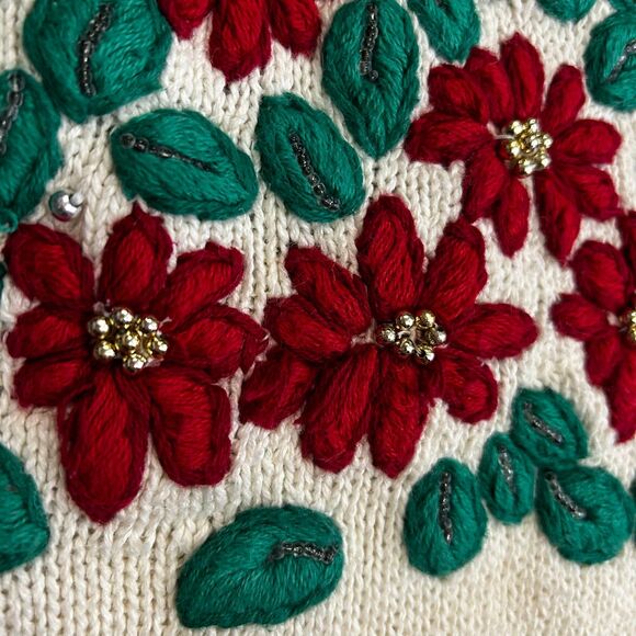 Vintage Work In Progress Ivory Red Floral Christmas Tree 3/4 Sleeve Sweater Sz M - Picture 8 of 13